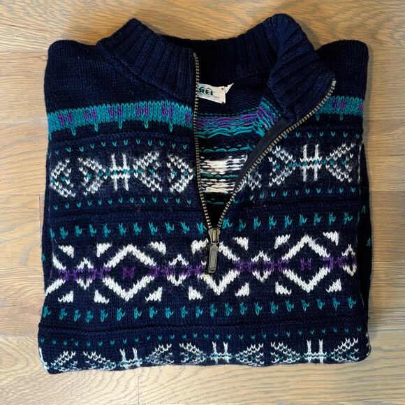 VTG 90s REI Nordic Sweater Fair Isle Wool Blend 1/4 Zip Blue Mens Size XL - Picture 8 of 8